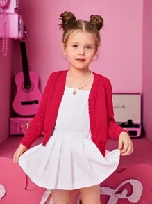 SHEIN 年轻女孩长袖 V 领心形图案开衫 - 紅色 - 查看 3