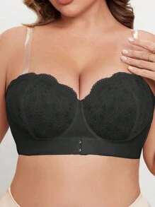 1pc Plus Size Lace Underwire Bra, Lingerie - Black - View 4
