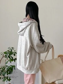 DAZY Women's Loose Plaid Patchwork Lined Hoodie Sweatshirt,Fall Women Clothes Jacket Zip Up - Grey - View 6