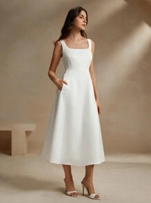 Anewsta French Style White Square Neck Camisole A-Line Waisted Slim Dress Maxi Women Outfit - White - View 3