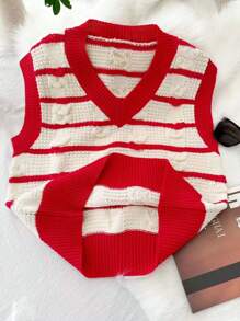 Zolique New Striped V-Neck Red And White Color Embossed Jacquard Simple Vest, Fall/Winter - Red and White - View 7
