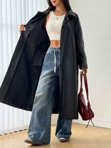 SHEIN Unity 纯色长袖简约休闲大口袋抽绳腰长款 PU 夹克，女士深秋休闲前扣、口袋、拉链落肩领宽松黑色纯色女式外套，户外活动 - 黑色 - 查看 6