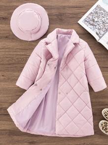 Young Girl Diamond Plaid Mid-Length  Jacket With Hood, Winter - Mauve Purple - View 1