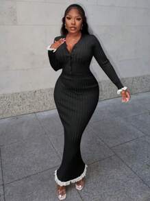 Slaydiva 秋冬休闲优雅V领长袖开襟截角微喇叭袖口上衣修身长裙绿边玫粉色罗纹针织针织女毛衣两件套-A