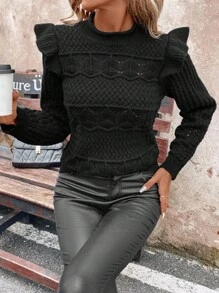 SHEIN Clasi Áo len dệt kim tay phồng thanh lịch màu trơn dành cho nữ vào mùa thu/đông - màu đen - Xem 4