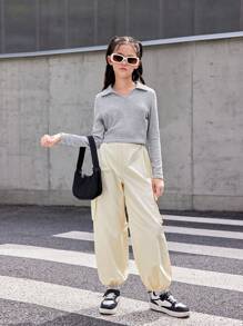 SHEIN Tween 女童休闲宽松舒适 Polo 领长袖 T 恤和哈伦裤 2 件套 - 彩色 - 查看 6