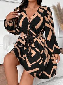 SHEIN Frenchy Plus Size V-Neck Long Sleeve Fashion Tie Waist All-Over Print Design Dress