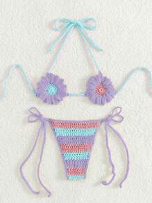 Swim Mod 女士花卉印花吊带前系带上衣和侧系带分体泳衣套装夏季 - 彩色 - 查看 2