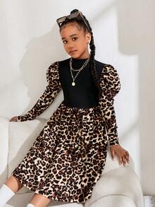 SHEIN 青少年女孩针织拼布豹纹羊腿袖修身优雅连衣裙，适合休闲穿着 - 黑色 - 查看 7
