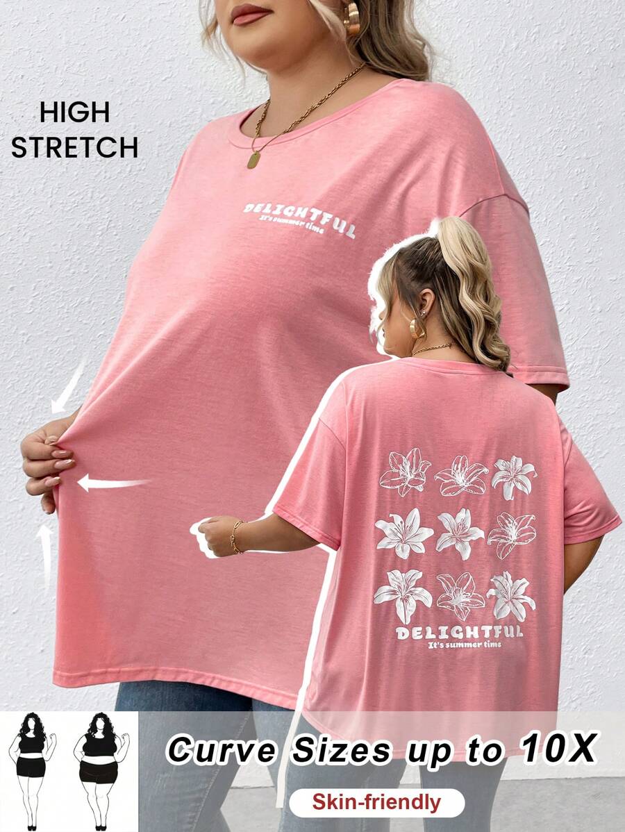 SHEIN CURVE+ 大码花卉印花 T 恤，休闲宽松圆领短袖 T 恤 - 粉色 - 查看 1