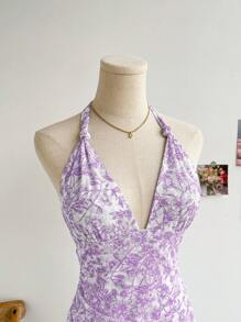 Soleia Váy ngắn ngày lễ lãng mạn, cổ chữ V, buộc lưới, kẻ sọc hoa cổ điển - Màu tím hoa cà - Xem 4