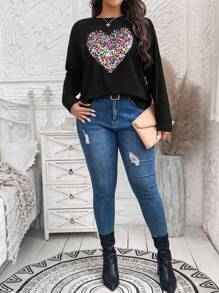 EMERY ROSE Plus Size Casual T-Shirt With Sequin Heart Decor, Spring & Autumn Winter Clothes - Black - View 3