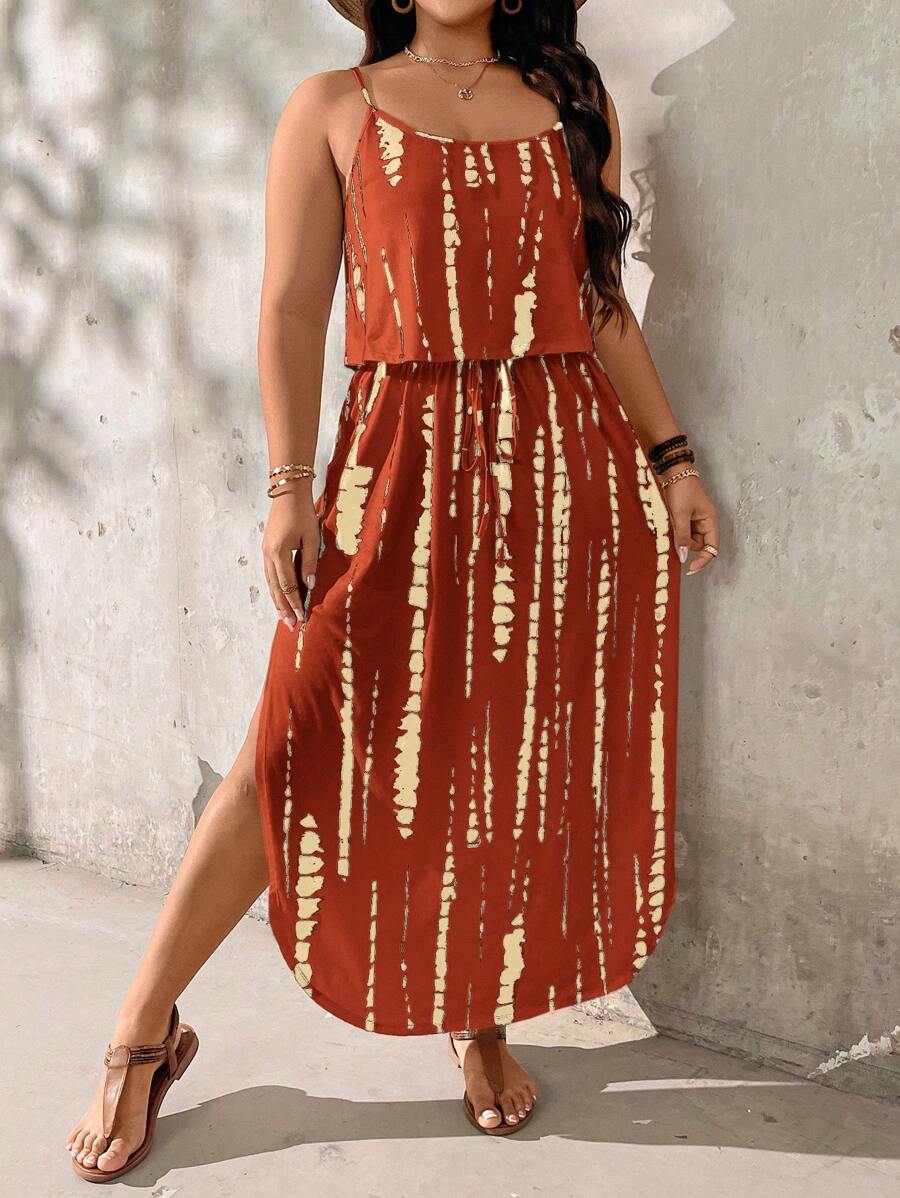 SHEIN LUNE Plus Size Skin-Friendly Tie-Dye A-Line Spaghetti Strap Dress - Brown - View 1