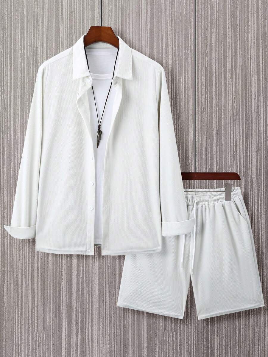 Manfinity Homme 2pcs Men's Plus Size Casual Solid Color Long Sleeve Shirt And Shorts Set - White - View 1