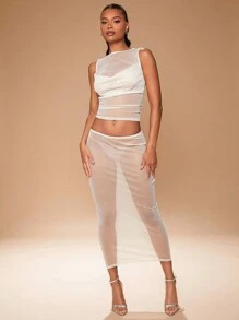 SHEIN Unity Women's Sheer Matching Set With Cowl Top And Maxi Skirt - White - View 7
