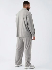 Manfinity VCAY 男士大码休闲针织宽松长袖衬衫和中腰抽绳直筒裤套装，适合日常穿着