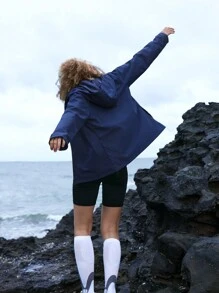 In My Nature Women's Solid Color Zipper Front Hooded Casual Jacket, All Seasons - Navy Blue - View 2