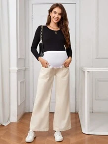 SHEIN Quần Jeans Ống Thẳng Thời Trang Có Túi Lưng Cao Co Giãn Cho Bà Bầu - Màu be - Xem 7