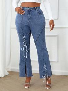 SHEIN Essnce Damen Große Größen Jeans mit Tasche, Auge-Band-Details und ausgestelltem Bein - Mittele Waschung - Übersicht 1