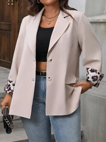 SHEIN LUNE Plus Size Women Spring/Summer Leopard Print Cuff Fashion Blazer Jacket Graduation,Back To School,Teacher Outfits For Women Winter Fall Autumn - Black - View 3