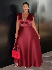 Slaydiva Plus Size - High-End Elegant Non-Stretch Sateen Fitted Fuchsia V-Neck Swing Shiny Plus Size Dress - Burgundy - View 3