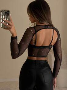 SHEIN ICON Shiny Mesh Structure See-Through Top For Women - Black - View 2