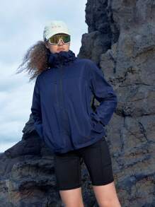 In My Nature Women's Solid Color Zipper Front Hooded Casual Jacket, All Seasons - Navy Blue - View 7