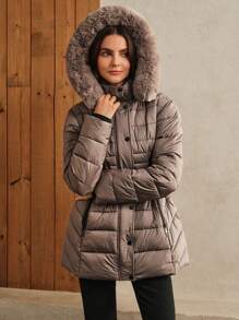 Anewsta Dames getailleerde taille taille middellange verwijderbare bontkraag & capuchon jas, Khaki
