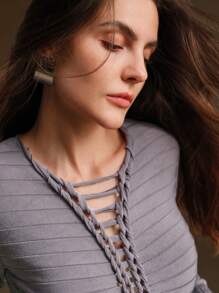 Anewsta Women's Solid Color Long Sleeve Hollow Simple Casual Sweater, Knit Pullover Fall Winter - Grey - View 2