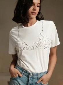 Anewsta Women's Summer Rhinestone Printed Casual Crew Neck Short Sleeve T-Shirt - White - View 5