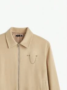 AKNOTIC Business Casual Áo khoác len cổ bẻ rộng rãi có khóa kéo cho nam, màu kaki có trang trí xích kim loại, phù hợp cho mùa thu đông - Màu Khaki - Xem 8