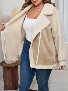 SHEIN LUNE Chaqueta informal de moto de manga larga con cuello de solapa y bloque de color para mujer de talla grande para otoño e invierno, ropa de invierno
