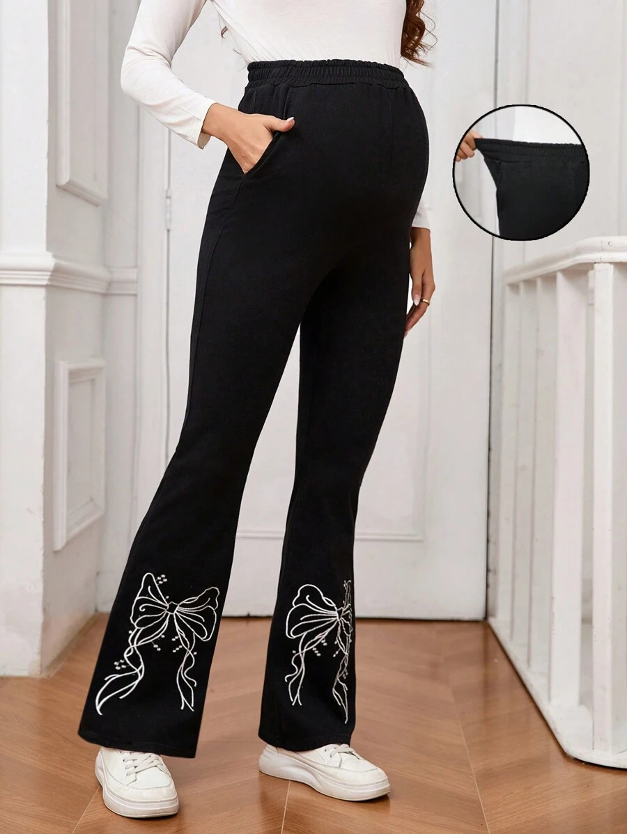 SHEIN Quần Jeans ống loe in họa tiết bướm cho bà bầu, dành cho bà bầu - màu đen - Xem 1