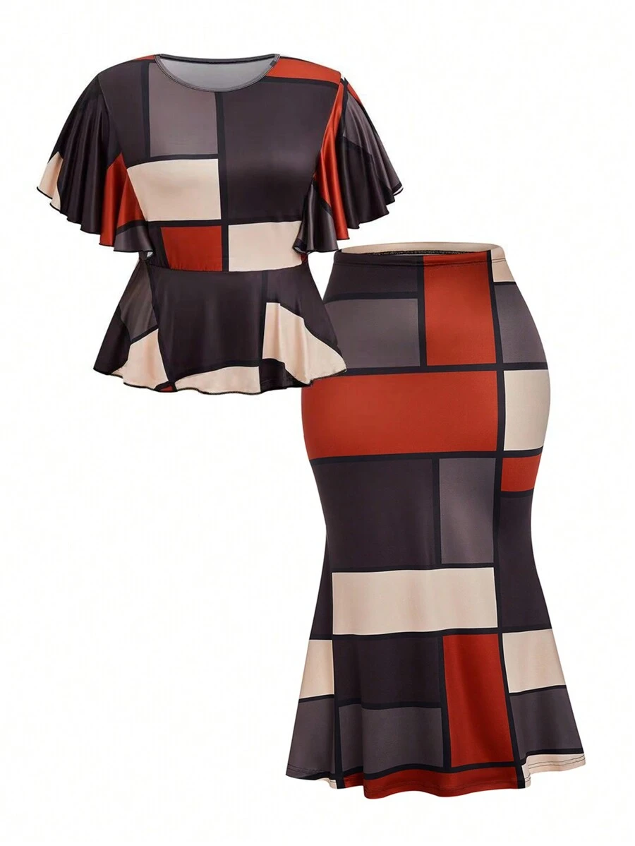 SHEIN Clasi 2pcs Plus Size Elegant Contrast Color Splice Ruffle Trim Blouse And Fish Tail Hem Skirt Set - Multicolor - View 1