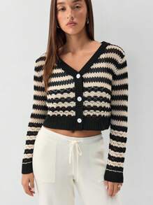 SHEIN Unity Cardigan casual feminino listrado de manga comprida, outono/inverno - Preto - Ver 3