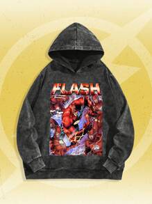 ROMWE MEN THE FLASH X ROMWE Sudadera con capucha holgada, de caída de hombro, con impresión de héroes y letras de anime, para primavera y otoño, para hombres - Negro - Ver 1