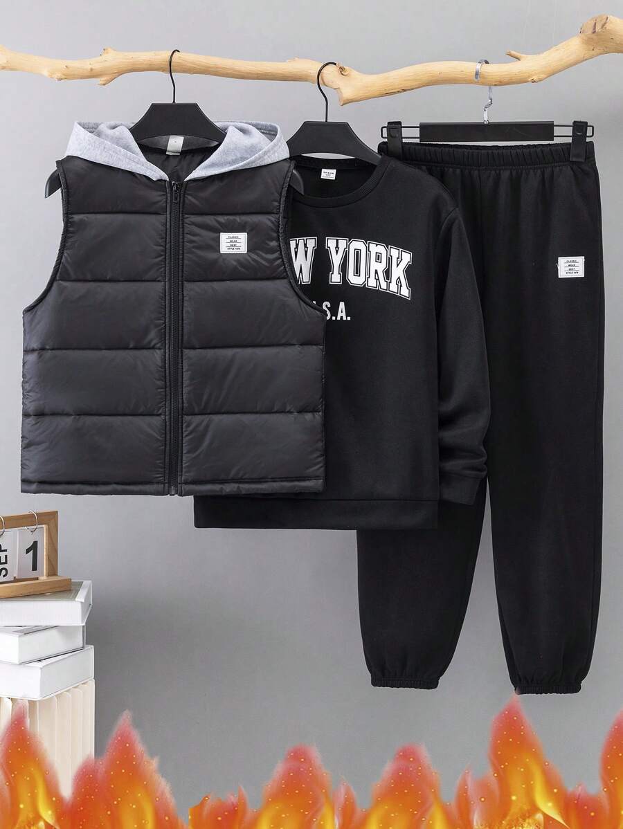 SHEIN 3Pcs/Set Kids Tween Boy Casual Streetwear Letter Graphic Print Crew Neck Loose Knit Sweatshirt + Knit Pants + Quilted Padded Vest/Coat/Parka, Suitable For School, Garden, Beach, Birthday, All Season - Multicolor - View 1