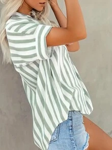 Women's Fresh Casual Striped Print Short Sleeve Polo Shirt - Green - View 4