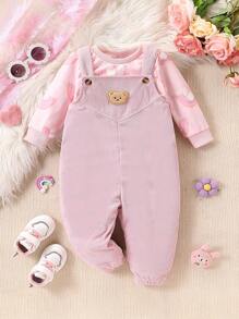 Bộ 2 áo dài tay in hoa dễ thương cho bé gái và quần yếm nhung kẻ, Thu/Đông - Hồng - Xem 1