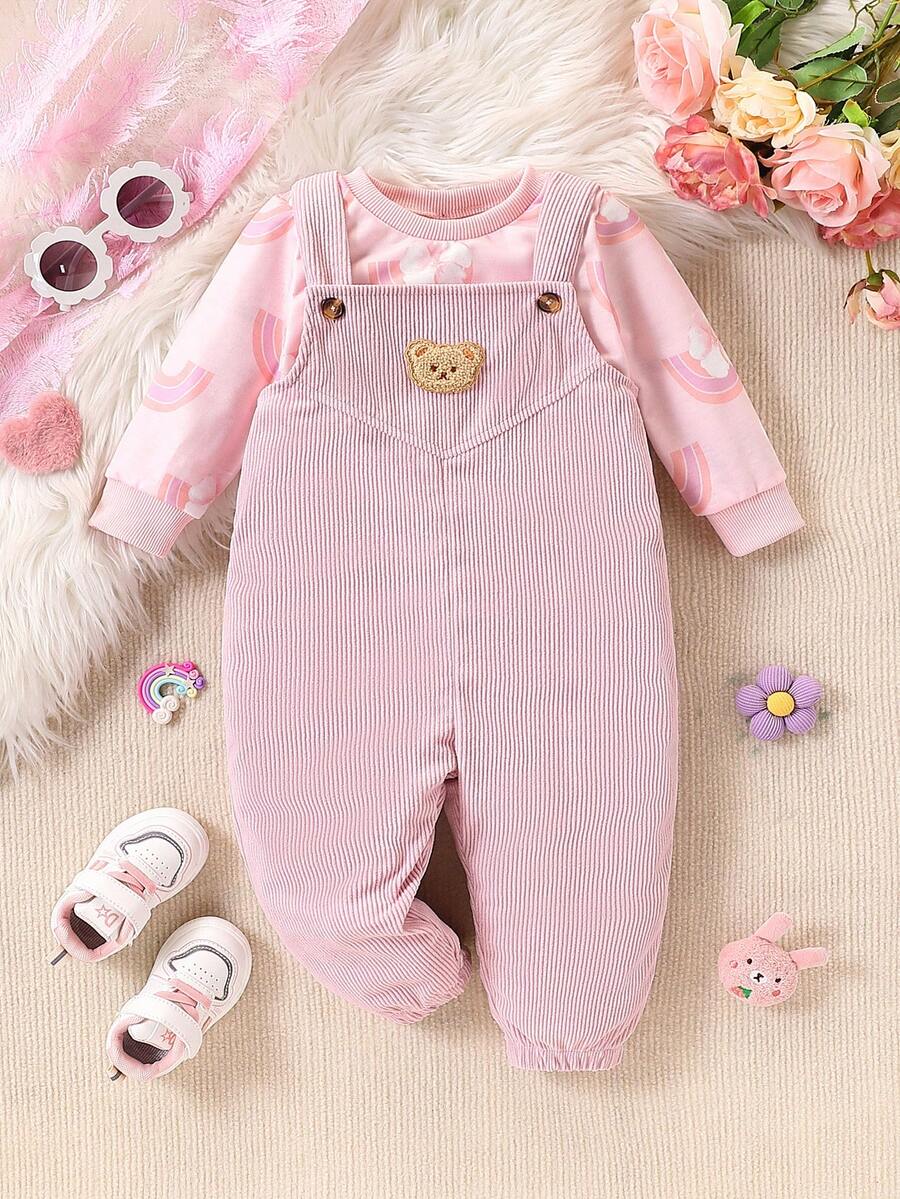 Bộ 2 áo dài tay in hoa dễ thương cho bé gái và quần yếm nhung kẻ, Thu/Đông - Hồng - Xem 1