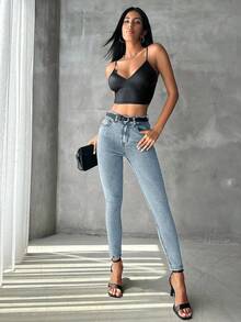 SHEIN PETITE Women's Slim Fit Jeans Without Belt - Light Wash - View 1