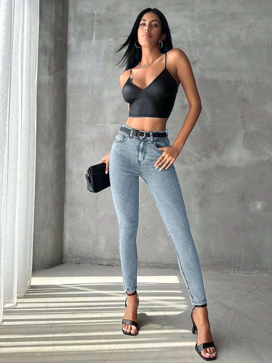 SHEIN PETITE Women's Slim Fit Jeans Without Belt - Light Wash - View 1