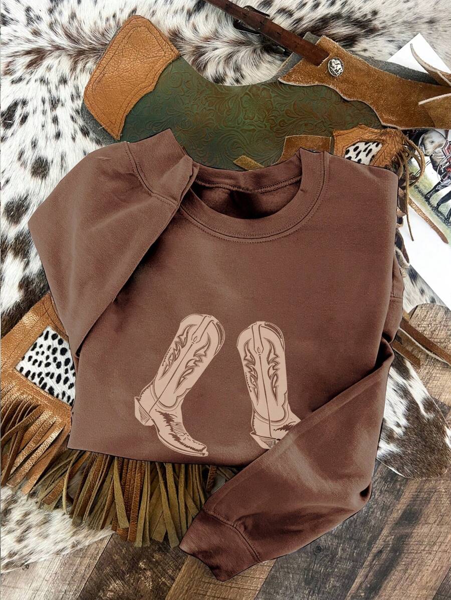 Attitoon Áo nỉ dài tay cổ tròn in hình bốt cao bồi đơn giản, thoải mái dành cho nữ - Cà phê nâu - Xem 1