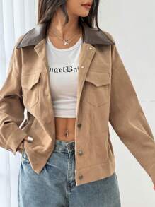 Flirla Áo khoác nữ Colorblock vai trễ vai dài tay cổ PU, mùa xuân thu - Màu Khaki - Xem 5