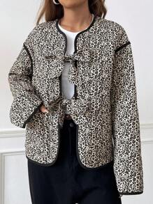 SHEIN EZwear Áo khoác nữ tay dài thắt nơ họa tiết da báo hở trước thời trang thu đông - màu nâu - Xem 5