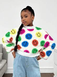 SHEIN Felpa corta oversize con collo alto reversibile e stampa di volto sorridente colorato per ragazze pre-adolescenti - Multicolore - Visualizzare 3