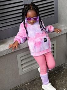 SHEIN 年轻女孩扎染双面羊毛连帽衫和拼布运动裤套装