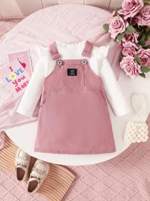 2pcs/Set Baby Girls Spring Summer Solid Color Round Neck Long Sleeve Ruffle Splice Top & Letter Print Suspender Skirt Casual Outfit