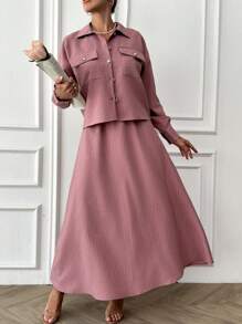 Cottnline 100% Cotton Pink Pinstripe Shirt And Skirt Woven Fabric Set - Pink - View 6