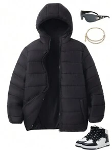 SHEIN جاكيت منفوخ أسود مبطن بالصوف ذو أكمام طويلة وغطاء رأس للفتيات المراهقات، أسلوب هالوين والخريف - الأسود - مشاهدة 2